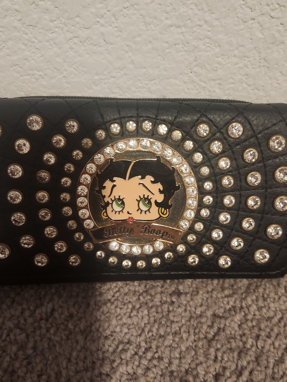 Genuine Betty Boop 2015 Rhinstone Studded Black Wallet Tri-Fold